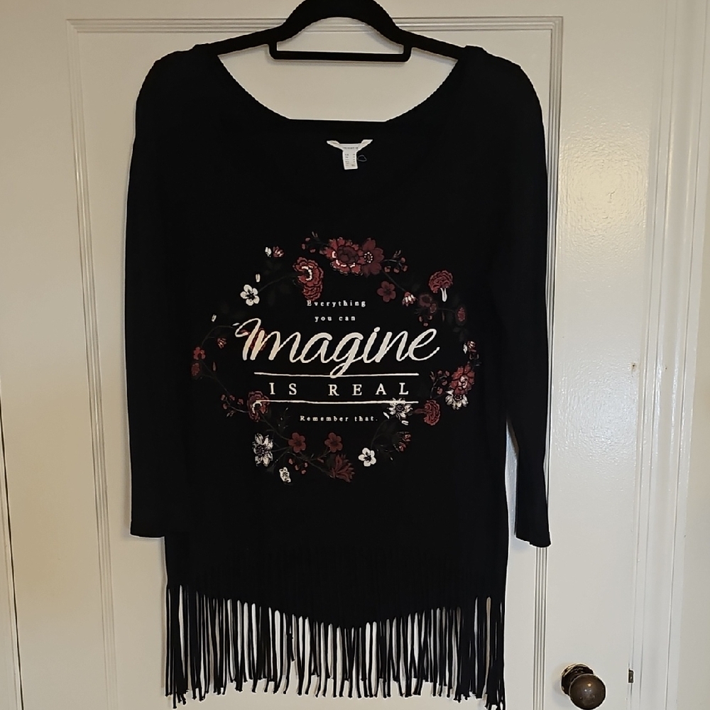 Springfield Black Fringe Long Sleeve Top with Floral Design